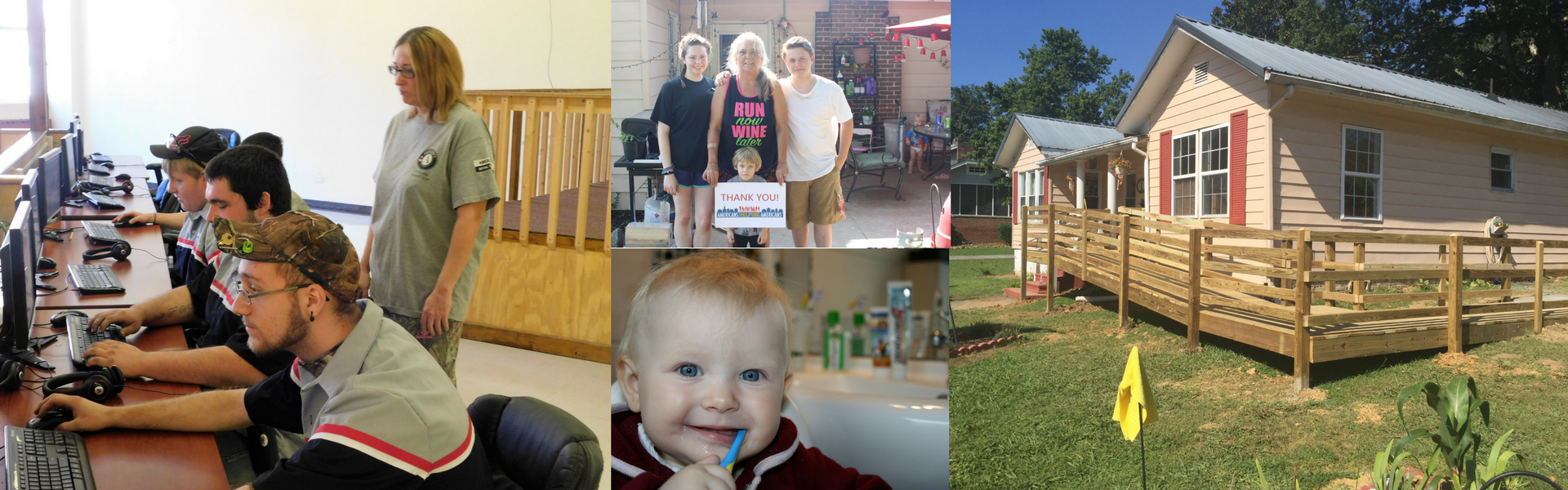 Collage showing housing repairs, dental care, and vocational training provided by Americans Helping Americans programs.