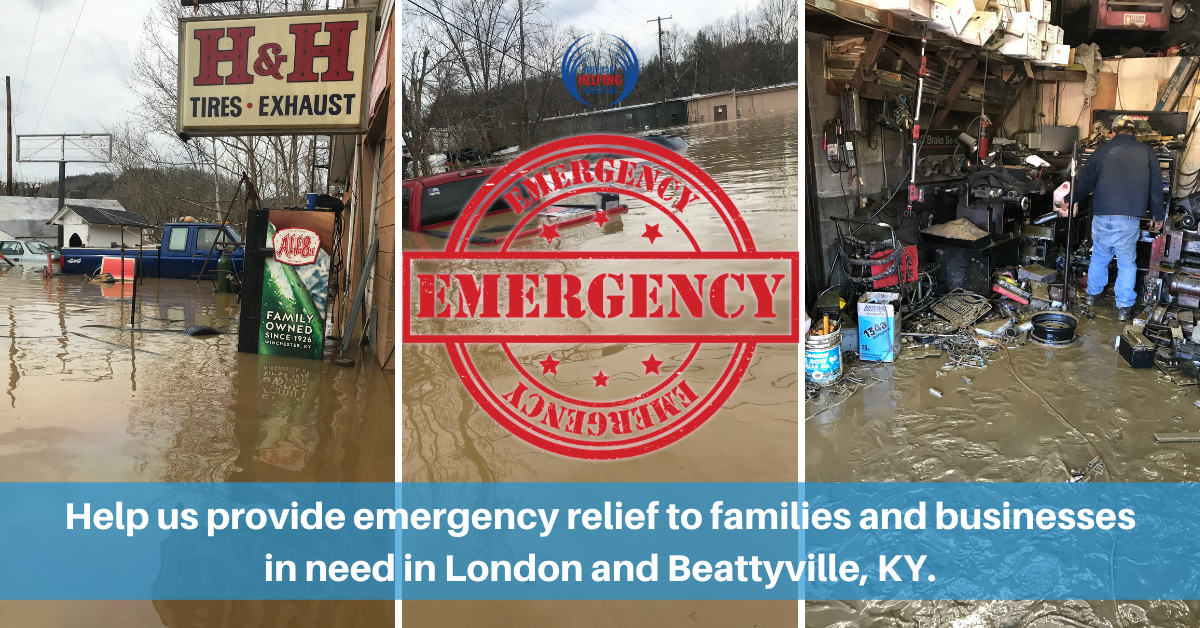 Emergency flood relief campaign showing flood-damaged businesses and streets in Beattyville and London, Kentucky.
