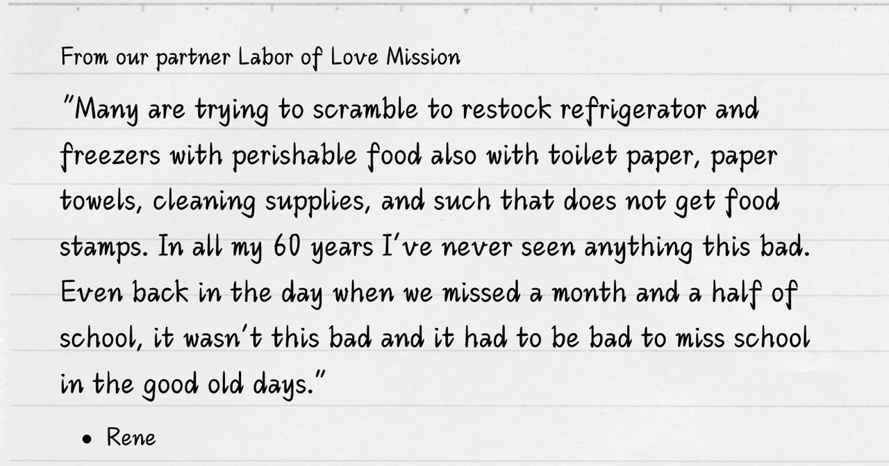 Quote from our partner Labor of Love Mission about food and supply shortages after Hurricane Helene