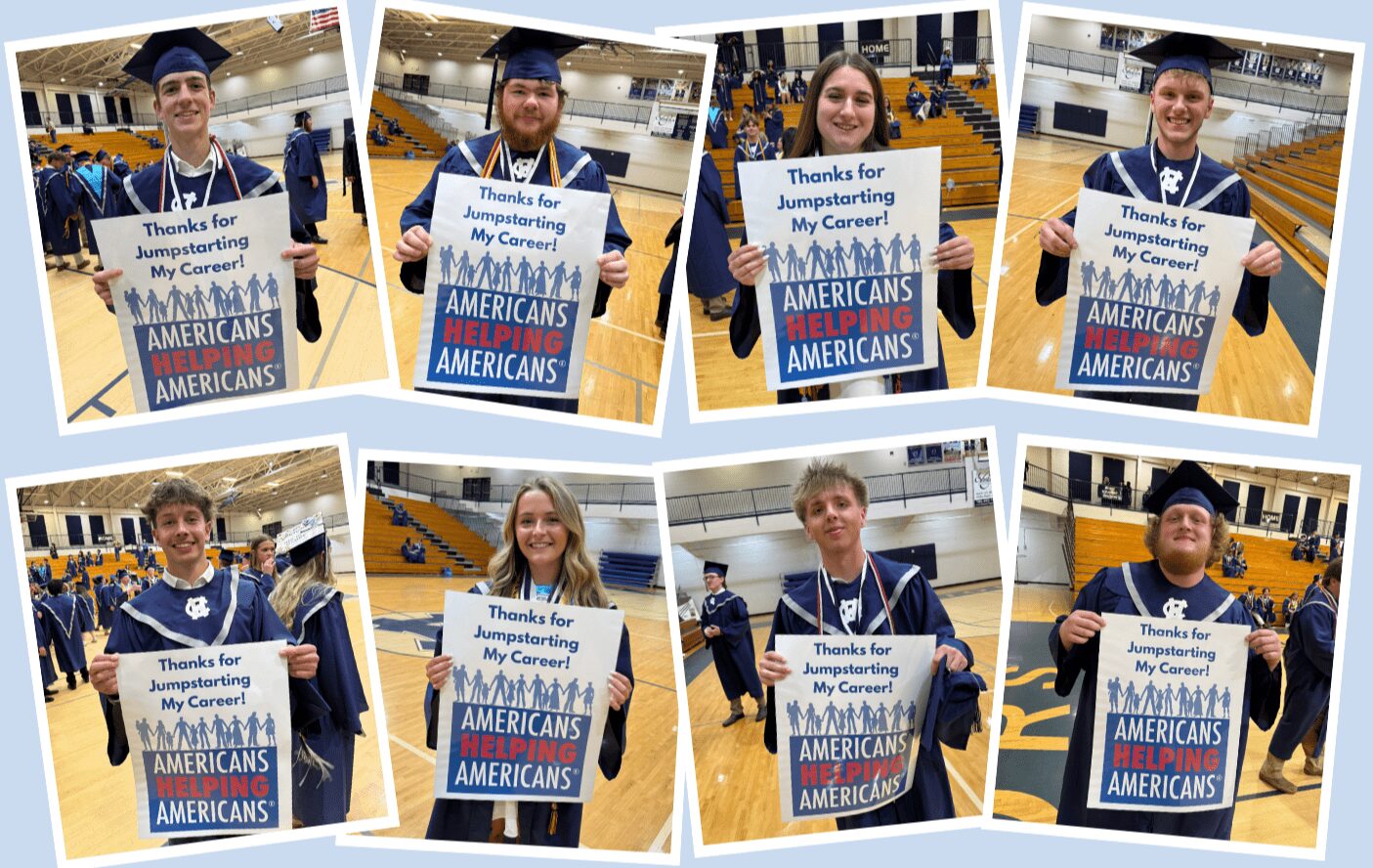 High school graduates holding signs thanking Americans Helping Americans® for career support.