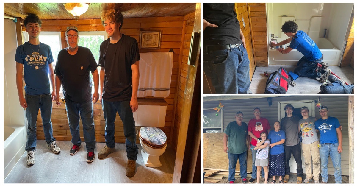 Volunteers supported by Americans Helping Americans complete home repairs in Appalachia, including bathroom work and family support.