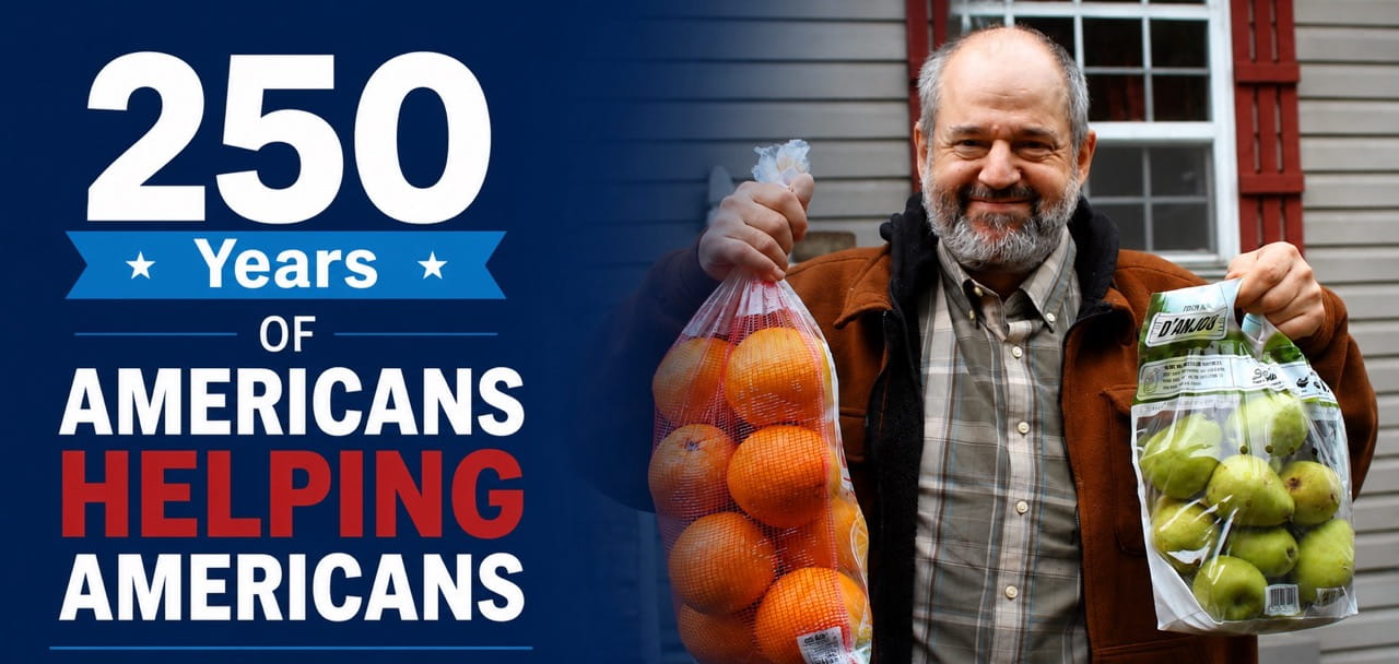 250 Years of Americans Helping Americans volunteer holding fresh fruit to support food security and hunger relief efforts in Appalachia
